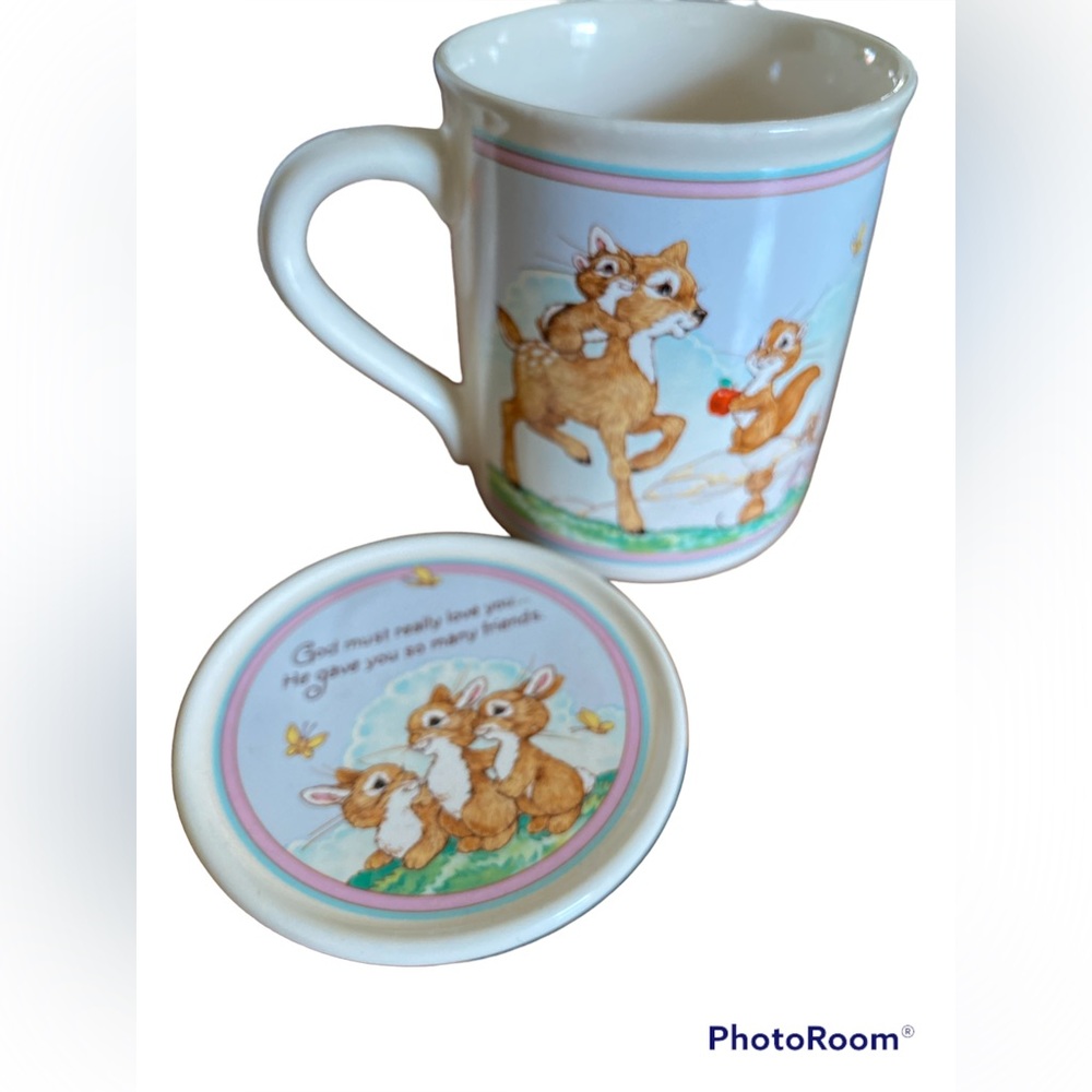 Vtg Hallmark Mug Mates Friendship Bunny Rabbits Squirrel Birds Mug And Lid
